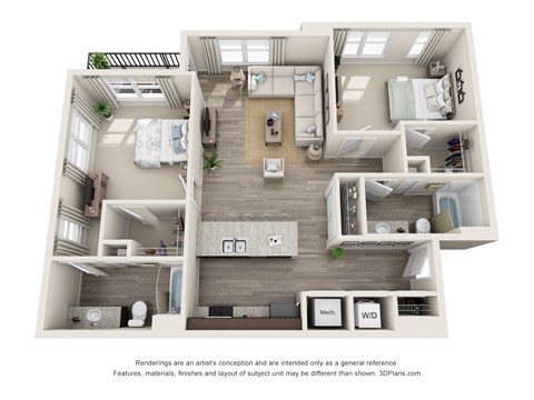 Floor plan for 2 beds, 2 baths, 1235 sqft